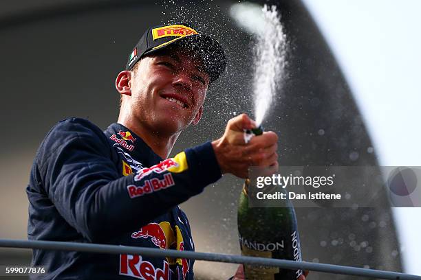 Pierre Gasly of France and Prema Racing celebrates on the podium after finishing second in the GP2 sprint race before the Formula One Grand Prix of...