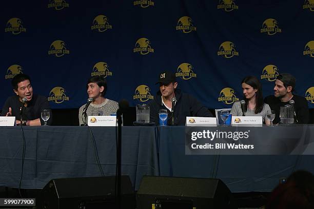 Actors Reggie Lee, Jacqueline Toboni, Sasha Roiz,Bitsie Tulloch and David Giuntoli speak on the Grimm cast panel at Dragon Con on September 3, 2016...