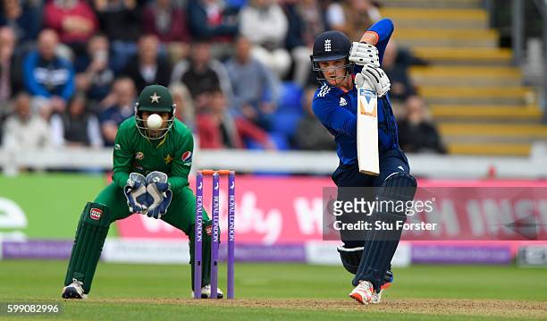 England player Jason Roy hits out watched by wicketkeeper Sarfraz Ahmed during the 5th One Day International between England and Pakistan at Swalec...