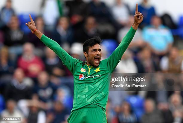 Pakistan bowler Mohammad Amir celebrates after dismissing Jason Roy during the 5th One Day International between England and Pakistan at Swalec...