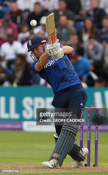 England's Jonny Bairstow plays a shot during play in the fifth one day international cricket match between England and Pakistan at The SWALEC Stadium...