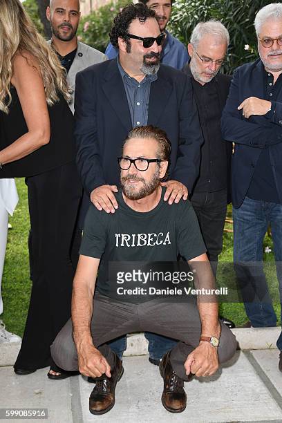 Massimiliano Bruno and Marco Giallini pose after the Kineo Diamanti Award press conference during the 73rd Venice Film Festival at on September 4,...