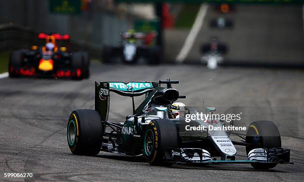 Lewis Hamilton of Great Britain driving the Mercedes AMG Petronas F1 Team Mercedes F1 WO7 Mercedes PU106C Hybrid turbo on track during the Formula...