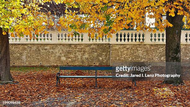 empty park bench in the fall - picket fence stockfoto's en -beelden