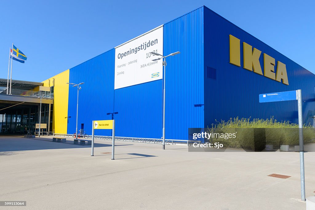 IKEA store with the IKEA name in yellow and blue