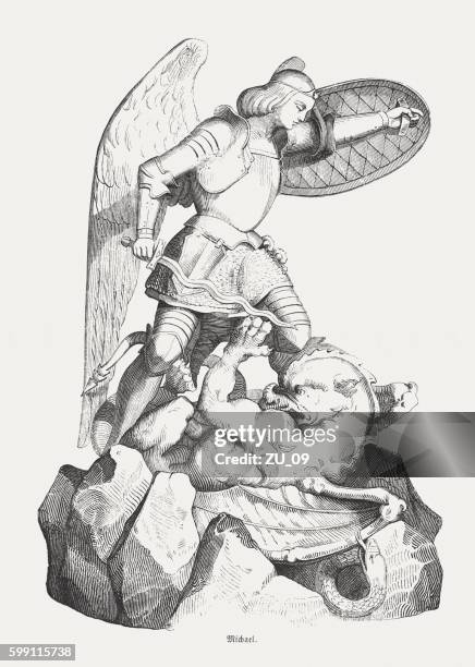 archangel michael's battle with the devil , wood engraving, published 1855 - archangel stock illustrations