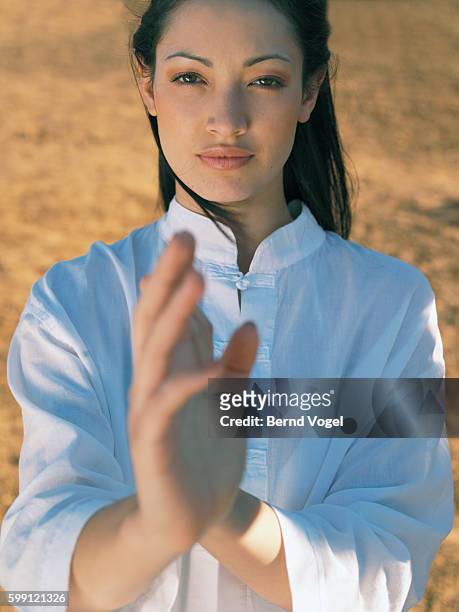 woman in martial arts pose - woman and tai chi stock pictures, royalty-free photos & images