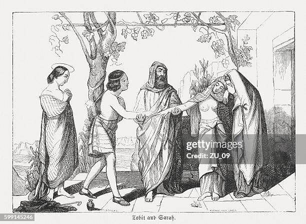 marriage of tobit and sarah, wood engarving, published in 1855 - jewish wedding ceremony stock illustrations