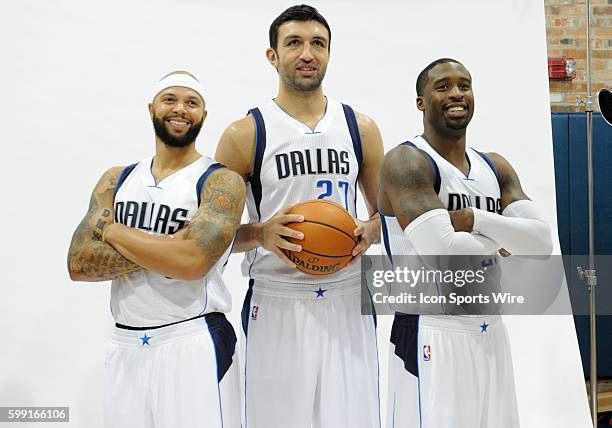 Dallas Mavericks guard Deron Williams, Dallas Mavericks center Zaza Pachulia, and Dallas Mavericks guard Wesley Matthews pose during NBA Media Day...