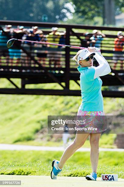 Morgan Pressel watches her ball after teeing off from the 7th tee during the second round of the 2015 U.S. Women's Open at Lancaster Country Club in...