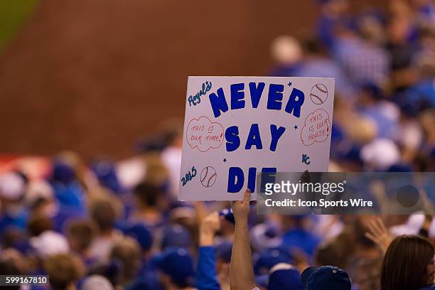 Kansas City Royals fans holds up a sign during the MLB American League Championship Series game 6 between the Toronto Blue Jays and the Kansas City...