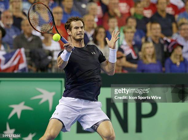 Glasgow, UK.: Andy Murray in action here, defeats Thanasi Kokkinakis 6-3 6-0 6-3 during day 1 play of the Davis Cup semi-finals match between Great...