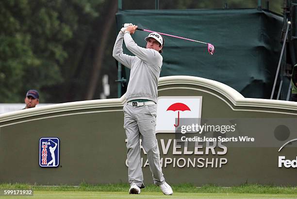 Bubba Watson hits from the 18th tee during the final round of the Travelers Championship at TPC River Highlands in Cromwell, Connecticut.