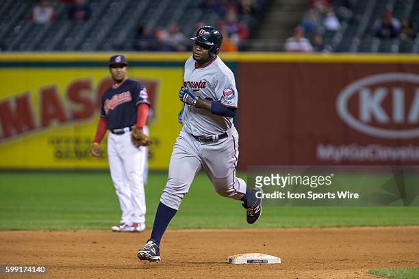 Minnesota Twins Designated hitter Miguel Sano [7849] rounds the bases after hitting a home run during the eighth inning of the game between the...