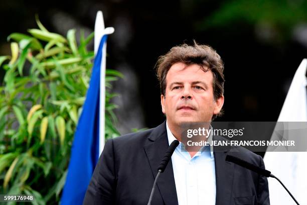 French lawmaker and right-wing "Les Republicains" party member Thierry Solere delivers a speech during the LR political party summer camp, on...