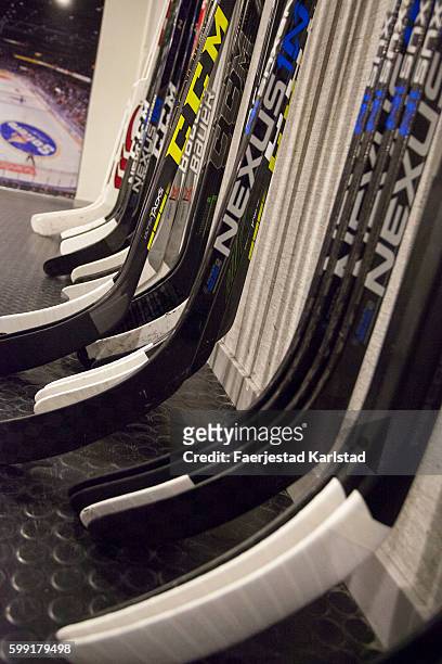 The sticks before the Champions Hockey League match between Farjestad Karlstad and Sparta Prague at Lofbergs Arena on September 4, 2016 in Karlstad,...