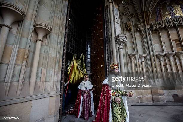 Man representing the King Charles IV and a woman representing the Queen Blanche of Valois take part in a two-day re-enactment of crowning...