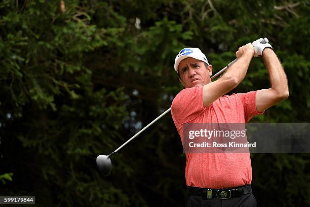 Scott Hend of Australia hits his tee shot on the 15th hole during the final round of the Omega European Masters at Crans-sur-Sierre Golf Club on...