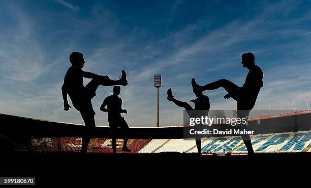 Belgrade , Serbia - 4 September 2016; A general view as the referee and his assistants warm up at the Stadion FK Crvena Zvezda in Belgrade, Serbia.