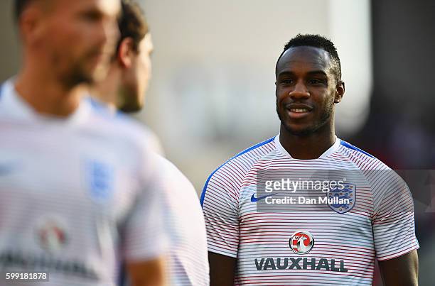 Michail Antonio of England warms up with team mates prior to the 2018 FIFA World Cup Group F qualifying match between Slovakia and England at City...