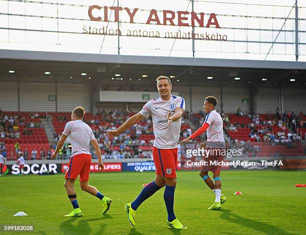 Phil Jagielka of England warms up with team mates prior to the 2018 FIFA World Cup Group F qualifying match between Slovakia and England at City...
