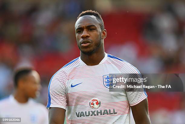Michail Antonio of England warms up prior to the 2018 FIFA World Cup Group F qualifying match between Slovakia and England at City Arena on September...