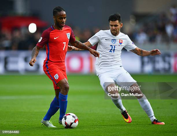 Raheem Sterling of England holds off Michal Duris of Slovakia during the 2018 FIFA World Cup Group F qualifying match between Slovakia and England at...