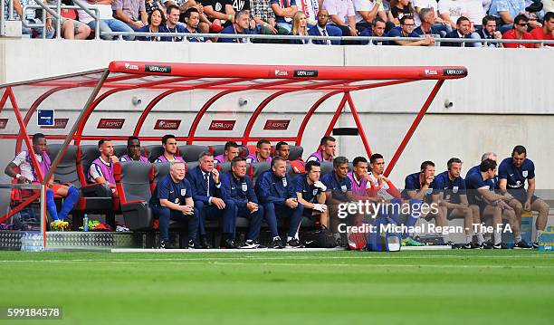 Sam Allardyce manager of England looks on from the team bench with substitutes and staff during the 2018 FIFA World Cup Group F qualifying match...