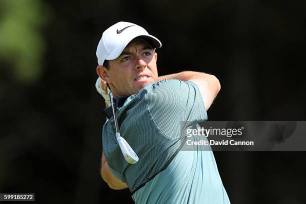 Rory McIlroy of Northern Ireland plays his shot from the third tee during the third round of the Deutsche Bank Championship at TPC Boston on...