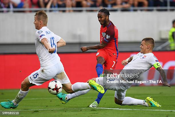 Raheem Sterling of England shoots past Martin Skrtel and Tomas Hubocan of Slovakia during the 2018 FIFA World Cup Group F qualifying match between...