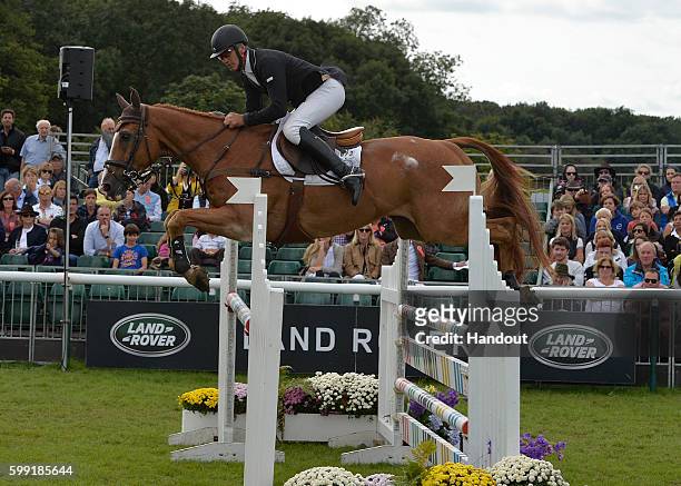 Andrew Nicholson of New Zealand riding Nereo in action durin the showjumping during The Land Rover Burghley Horse Trials 2016 on September 4, 2015 in...