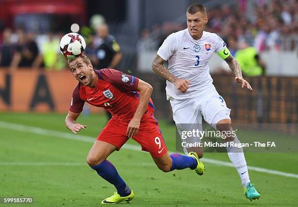 Harry Kane of England takes on Martin Skrtel of Slovakia during the 2018 FIFA World Cup Group F qualifying match between Slovakia and England at City...