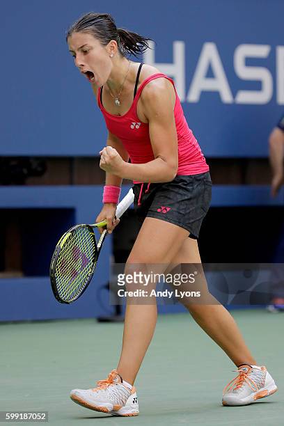 Anastasija Sevastova of Lativa reacts against Johanna Konta of the United Kingdom during her fourth round Women's Singles match on Day Seven of the...