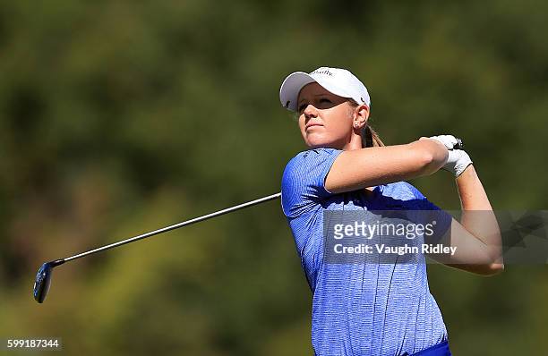 Amy Anderson of the USA watches her drive on the 10th hole during the final round of the Manulife LPGA Classic at Whistle Bear Golf Club on September...