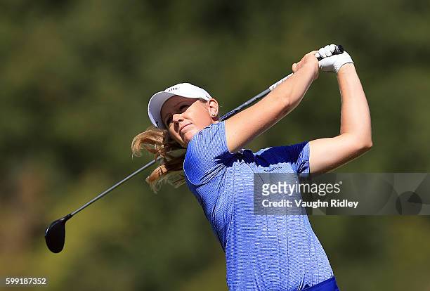 Amy Anderson of the USA watches her drive on the 10th hole during the final round of the Manulife LPGA Classic at Whistle Bear Golf Club on September...