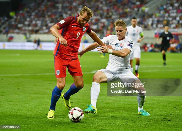 Harry Kane of England holds off Tomas Hubocan of Slovakia during the 2018 FIFA World Cup Group F qualifying match between Slovakia and England at...