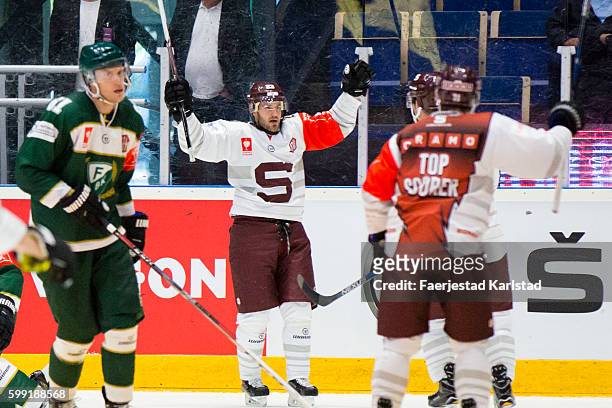 Sparta Prague cheers after the goal 1-1 of of Sparta Prague during the Champions Hockey League match between Farjestad Karlstad and Sparta Prague at...