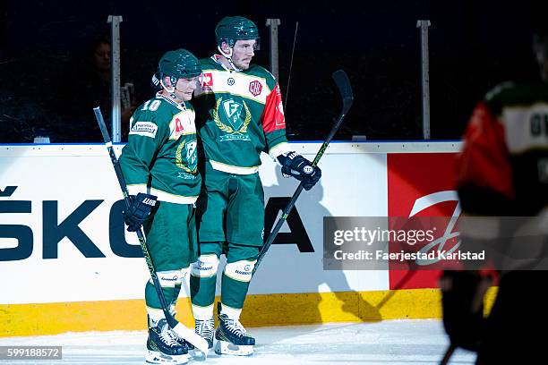 Marcus Nilsson of Faerjestad cheers after his goal 1-0 during the Champions Hockey League match between Farjestad Karlstad and Sparta Prague at...