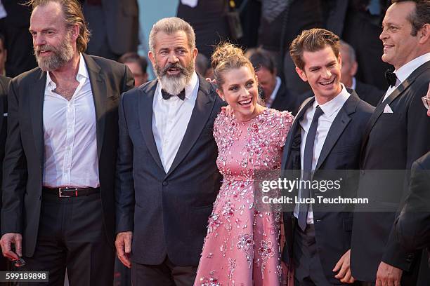 Mel Gibson, Teresa Palmer and Andrew Garfield attend the premiere of 'Hacksaw Ridge' during the 73rd Venice Film Festival at Sala Grande on September...