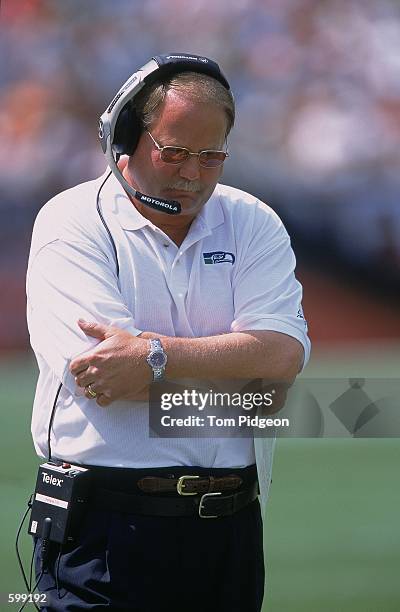 Head Coach Mike Holmgren of the Seattle Seahawks looks on during the game against the Cleveland Browns at the Browns Stadium in Cleveland, Ohio. The...