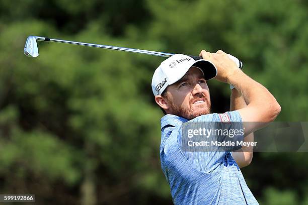 Jimmy Walker plays his shot from the third tee during the third round of the Deutsche Bank Championship at TPC Boston on September 4, 2016 in Norton,...