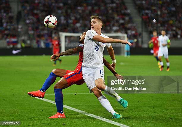 Theo Walcott of England battles with Tomas Hubocan of Slovakia during the 2018 FIFA World Cup Group F qualifying match between Slovakia and England...