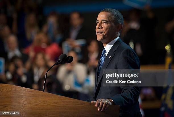 Presidential candidate, U.S. President Barak Obama speaks to delegates at the Democratic National Convention on the final day at Time Warner Cable...