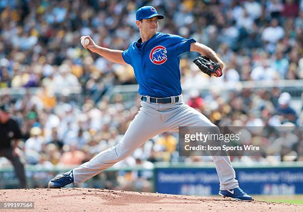 Chicago Cubs starting pitcher Jacob Turner delivers a pitch during the game between the Chicago Cubs and Pittsburgh Pirates at PNC Park in...