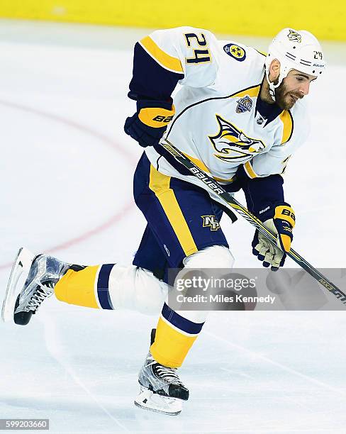 Eric Nystrom of the Nashville Predators plays in the game against the Philadelphia Flyers at the Wells Fargo Center on November 27, 2015 in...