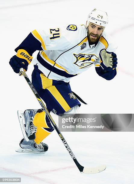 Eric Nystrom of the Nashville Predators plays in the game against the Philadelphia Flyers at the Wells Fargo Center on November 27, 2015 in...