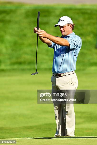 Nicholas Thompson lines up a putt on 17 during the first round of the Travelers Championship at TPC River Highlands in Cromwell, CT.