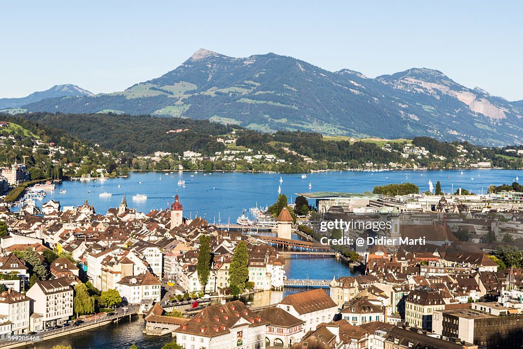 An aerial view of Lucerne old town with the famous wooden bridge