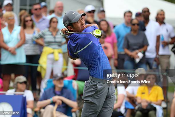 Cheng Tsung Pan hits from the 1st tee during the third round of the Traveler's Championship at TPC River Highlands in Cromwell, Connecticut.