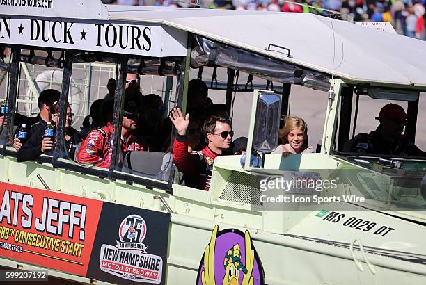 Jeff Gordon, Sprint Cup driver of the Drive To End Hunger Chevrolet , waves from his duck boat honoring his 789th consecutive start before the...